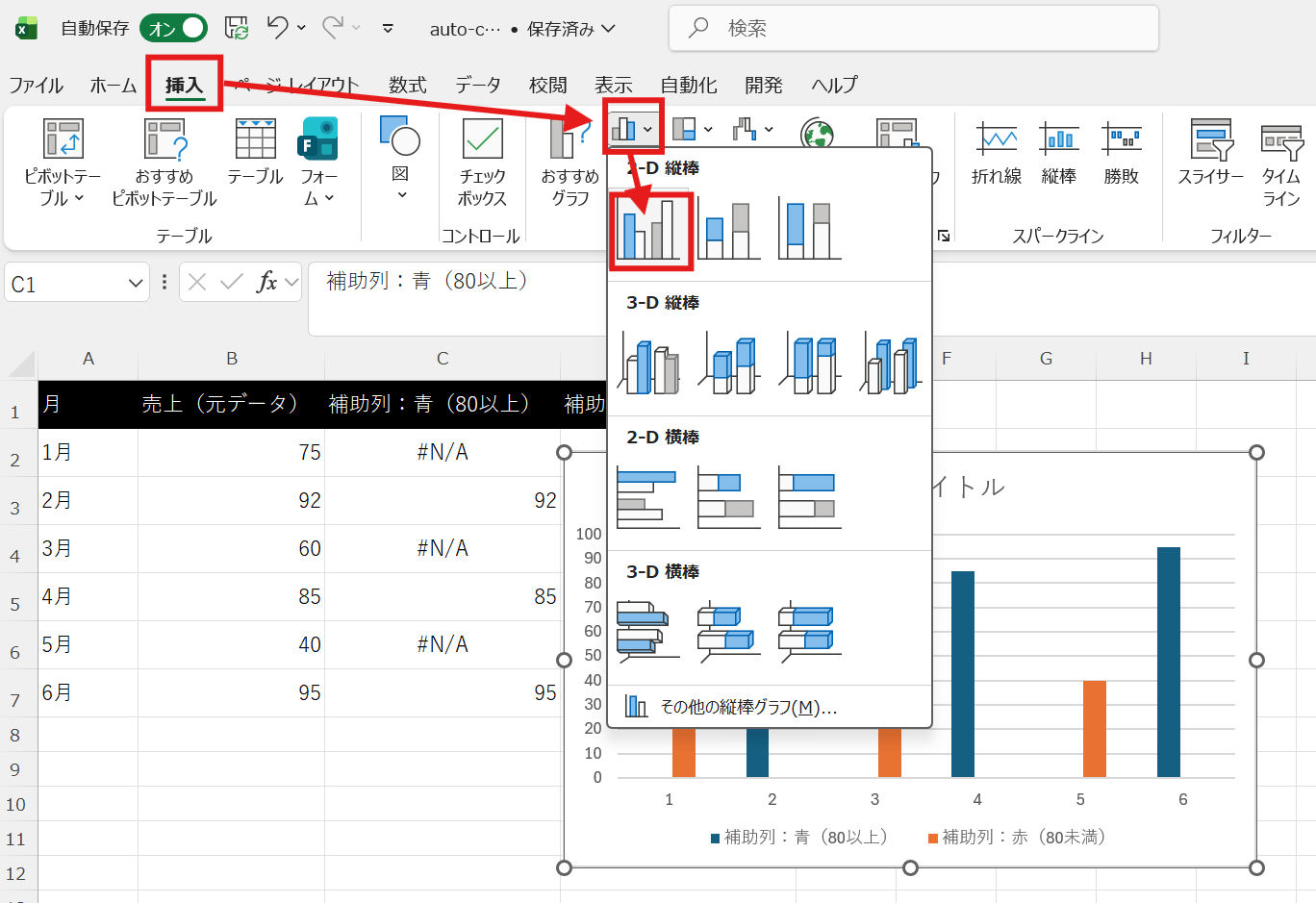 作成した補助列でグラフを挿入